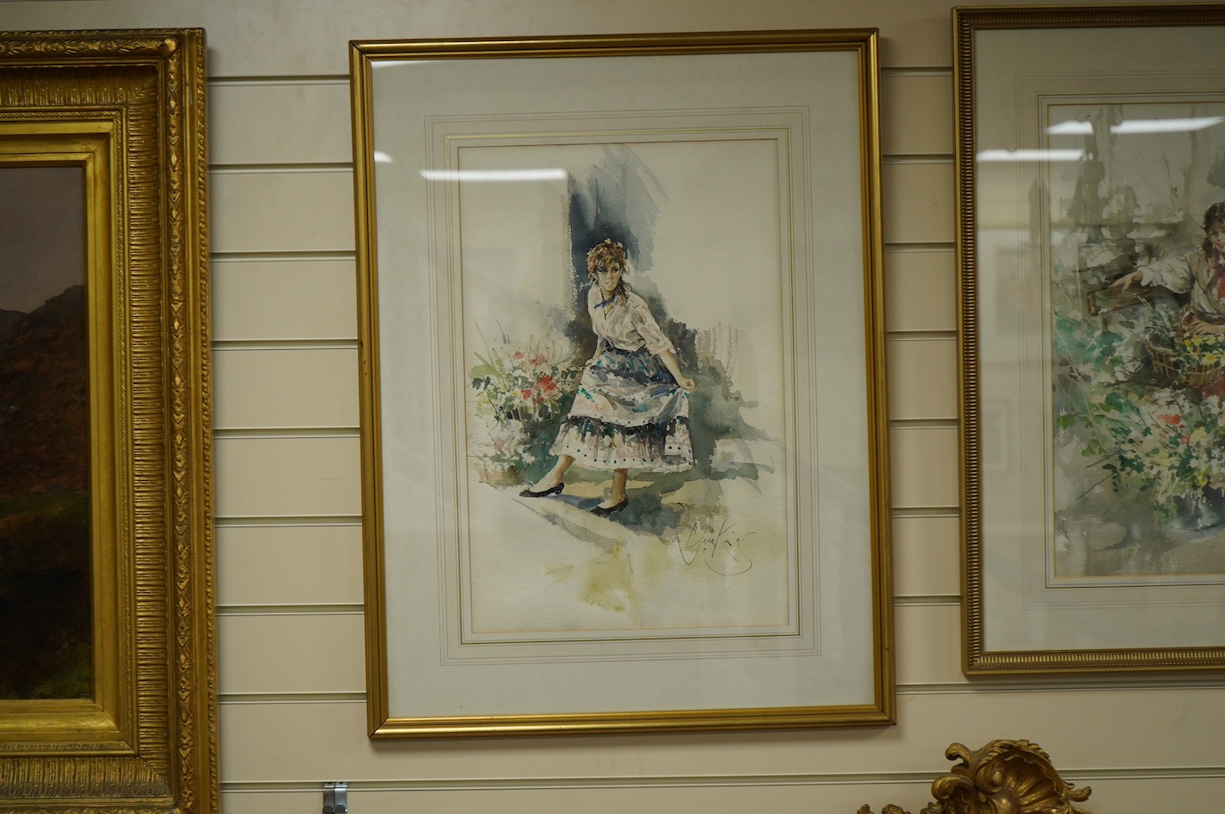 Gordon King (b.1939), two watercolours, Studies of flower sellers, each signed together with a colour print after the same artist, largest 49 x 66cm. Condition - good